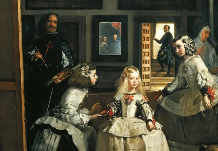 Las Meninas: malarz Velázquez maluje infantkę Małgorzatę Teresę i jej świtę. W lustrze odbijają się królewscy rodzice.
