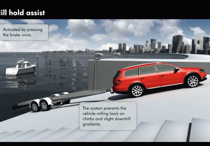 Un'auto rossa con rimorchio è ferma su una rampa. Il sistema hill holder cos'è? Impedisce all'auto di arretrare in salita.