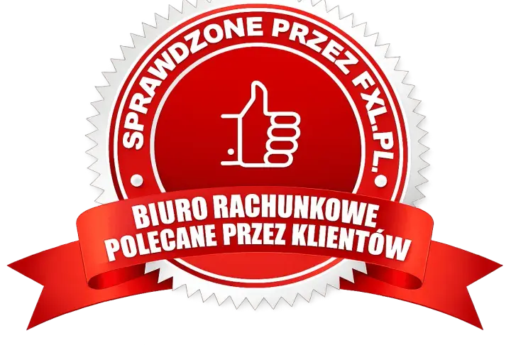 Czerwona pieczęć z kciukiem w górę i napisem "Biuro rachunkowe polecane przez klientów".