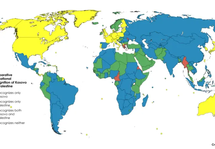 Mapa świata pokazująca, czy kosowo to państwo. Kolory oznaczają uznanie Kosowa i Palestyny przez inne kraje.