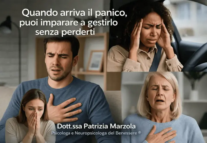 Persone mostrano sintomi di attacchi di panico: respiro affannoso, mani sulle tempie, mani sul petto. Impara a gestirli.