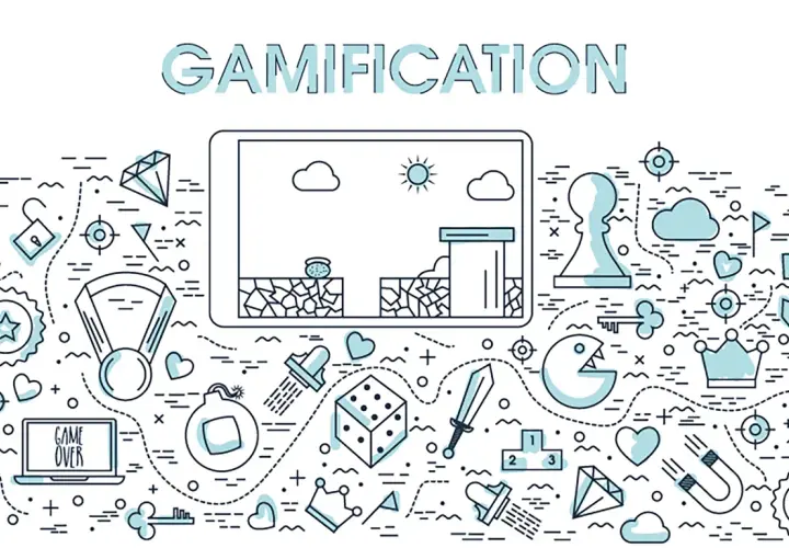 Illustration mit vielen Symbolen wie Diamanten, Würfeln, Herzen, Schlüsseln und einem Schachfiguren-Symbol, die Gamification beispiele darstellen.