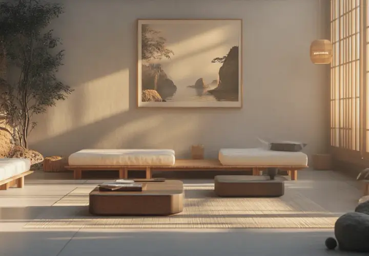 Minimalistisches Wohnzimmer mit niedrigen Holzmöbeln, einem japanischen Wandbild und viel Tageslicht. Perfekte wohnzimmer inspirationen für Ruhe und Entspannung.