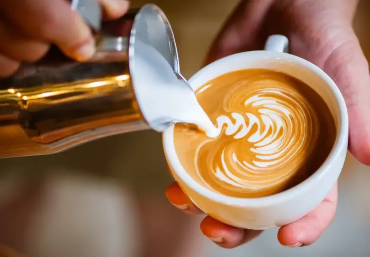 Barista tworzy latte art, wlewając spienione mleko do kawy. Idealne mleko do cappuccino to podstawa pięknego wzoru.