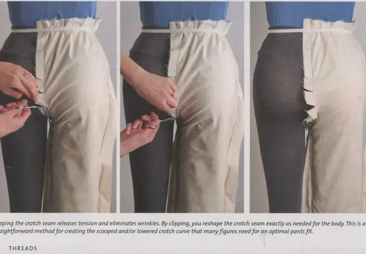 Hands clip the crotch seam of pants to reshape it for a better fit.
