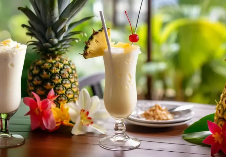 Dwa orzeźwiające drinki pina colada z ananasem i wiśnią, otoczone świeżymi ananasami i tropikalnymi kwiatami.