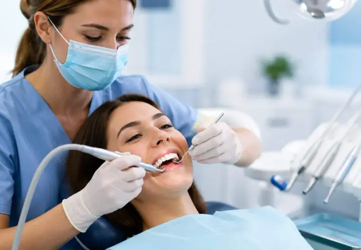 Dentista esegue pulizia dei denti. La paziente sorride, nonostante la paura che la pulizia dei denti fa male.