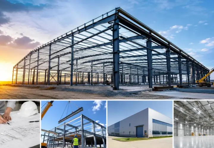 Postęp prac nad projektem hali stalowej: od planów, przez budowę konstrukcji, po gotowy obiekt.