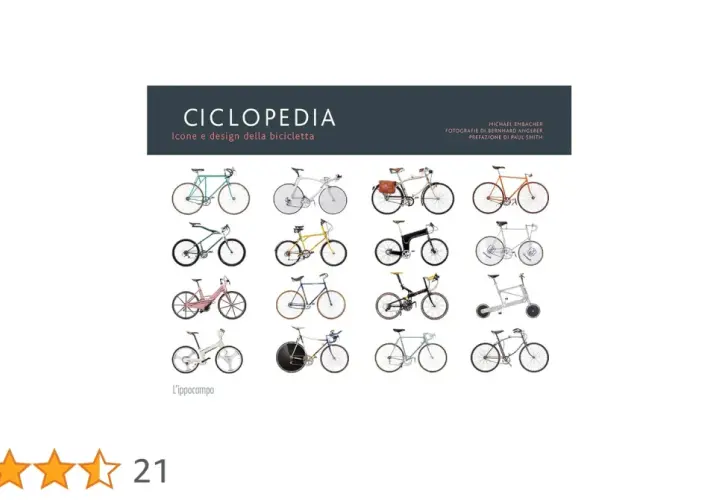 Książka "Ciclopedia" prezentuje ikony i design roweru po włosku. Wiele różnych modeli rowerów, od klasycznych po nowoczesne, ułożonych w siatce.