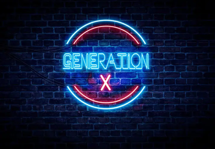 Neon sign on brick wall reads "GENERATION X" with a red X. Thinking about gen x retirement age.