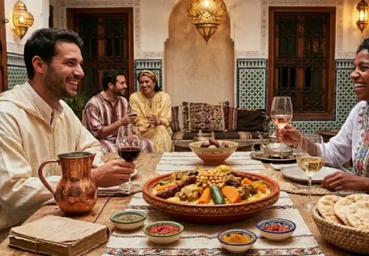 Un groupe d'amis partage un repas festif. Un grand plat de couscous est au centre de la table, accompagné de vin. L'ambiance est joyeuse et conviviale.