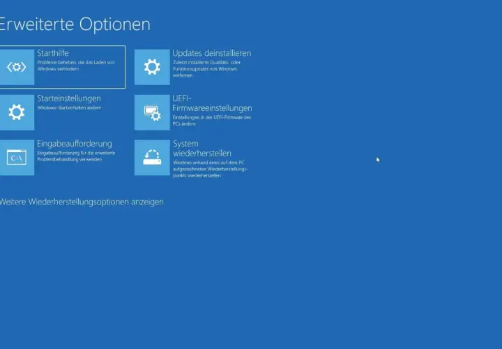 Erweiterte Optionen: Starthilfe, Starteinstellungen, Eingabeaufforderung, Updates deinstallieren, UEFI-Firmwareeinstellungen, System wiederherstellen. Hier können Sie Windows Updates deinstallieren.