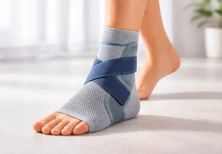 Fuß mit grauem Bandage OSG und blauen Gurten, bereit für Bewegung.
