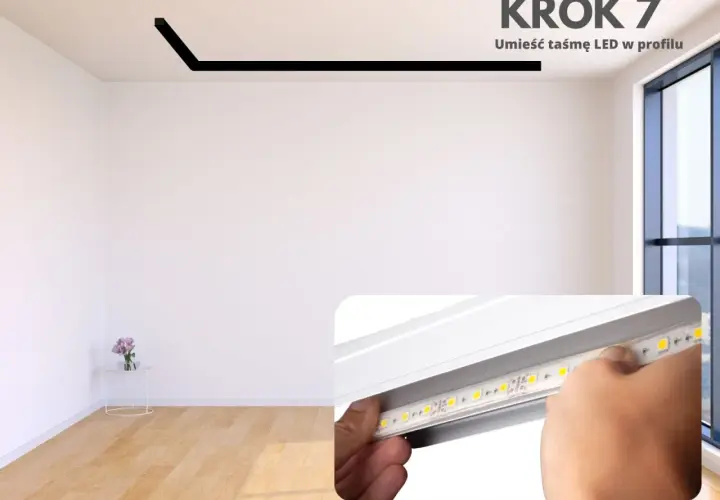 Krok 7: Umieść taśmę LED w profilu. Dłoń wsuwa taśmę LED do aluminiowego profilu, który jest zamontowany na suficie.
