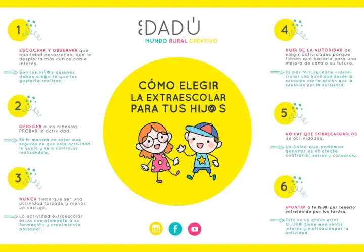 Guía para elegir las extraescolares para niños: escuchar, ofrecer, no forzar, evitar sobrecargarlos y buscar su interés.