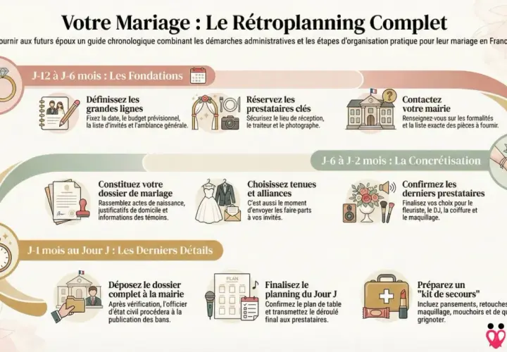 Guide chronologique pour un mariage : du rétroplanning mariage à la préparation du jour J, avec les étapes clés et les tâches à accomplir.