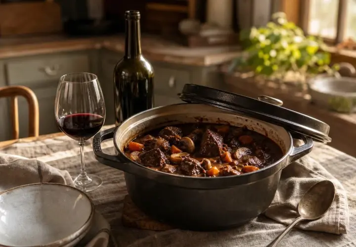Un plat de bœuf bourguignon mijoté, prêt à être dégusté avec un verre de vin rouge. Quel vin avec un boeuf bourguignon ? Un Pinot Noir, bien sûr !