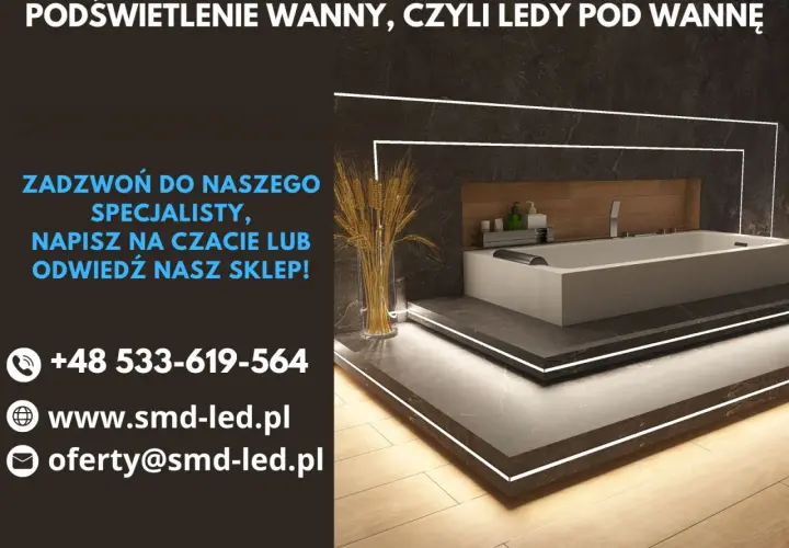Nowoczesna łazienka z wanną i dyskretnym podświetleniem LED.