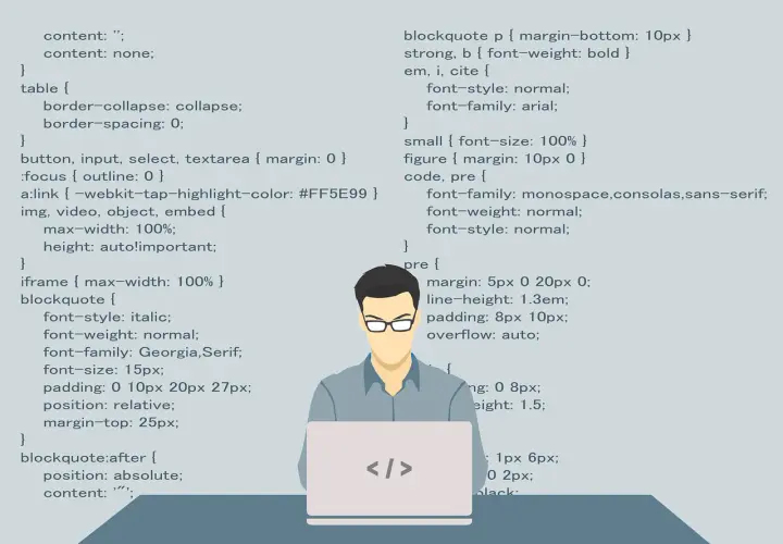 Programista przy laptopie, kod CSS na ekranie. Wyszukiwanie na stronie skrót.