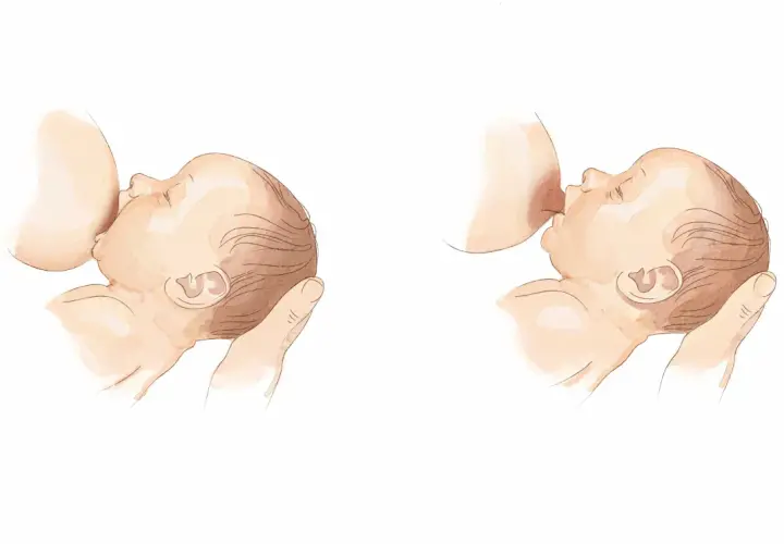 Illustrazioni che mostrano come allattare al seno, con un neonato che si attacca al seno materno.