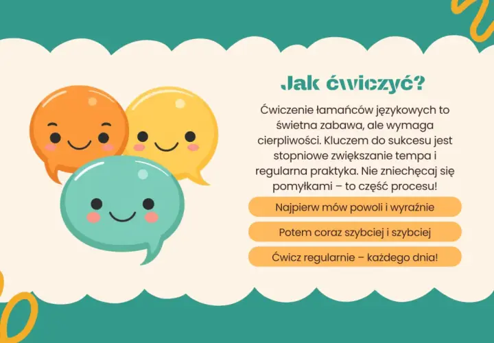 Trzy uśmiechnięte dymki dialogowe, jakby w gąszczu szczawiu we wrzeszczu, zachęcają do ćwiczenia łamańców językowych.
