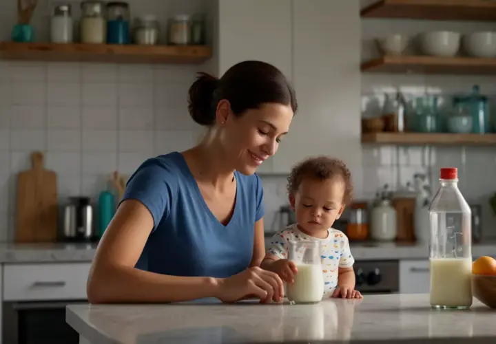 Uśmiechnięta mama z dzieckiem w kuchni, obok mleko w szklance i butelce. Proste wskazówki, jak podgrzać mleko w mikrofali, by było idealne dla malucha.