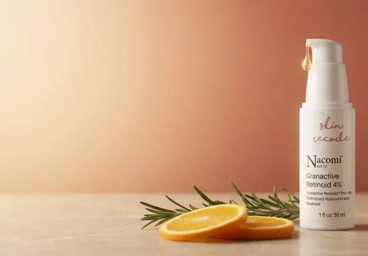 Retinol na twarz efekty: biała buteleczka serum z pompką, plasterki pomarańczy i gałązka rozmarynu.