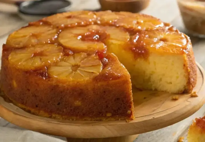 Un délicieux gâteau à l'ananas, renversé et caramélisé, avec une tranche coupée pour révéler sa texture moelleuse.