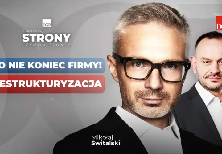 Dwóch mężczyzn, jeden w okularach, z napisem "Restrukturyzacja co to". To nie koniec firmy, to szansa na nowy początek.