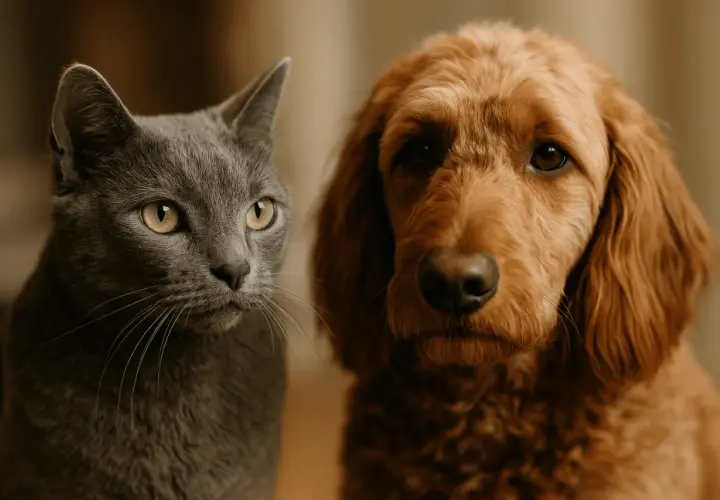 A grey cat and a golden doodle dog look into the camera. They seem to be pondering if cats live longer than dogs.