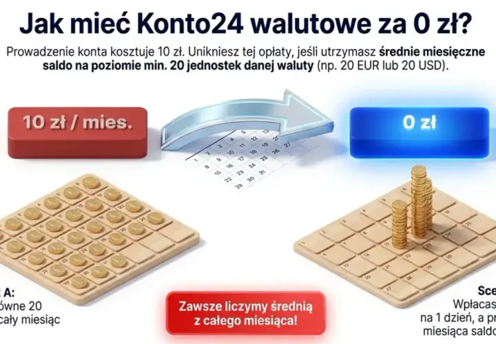 Konto walutowe Santander za 0 zł. Dwa scenariusze pokazują, jak uniknąć opłaty 10 zł miesięcznie, utrzymując średnie saldo 20 EUR.