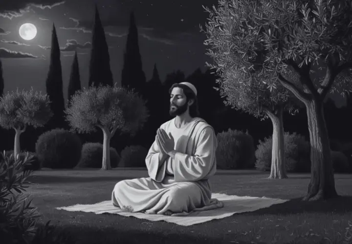 Jesus betet im Mondlicht, um ewiges Leben zu erlangen, wie in Johannes 17:3 beschrieben.