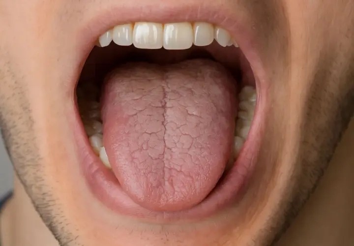 Bocca aperta con lingua che mostra una **lingua asciutta** e screpolata, con denti bianchi visibili.