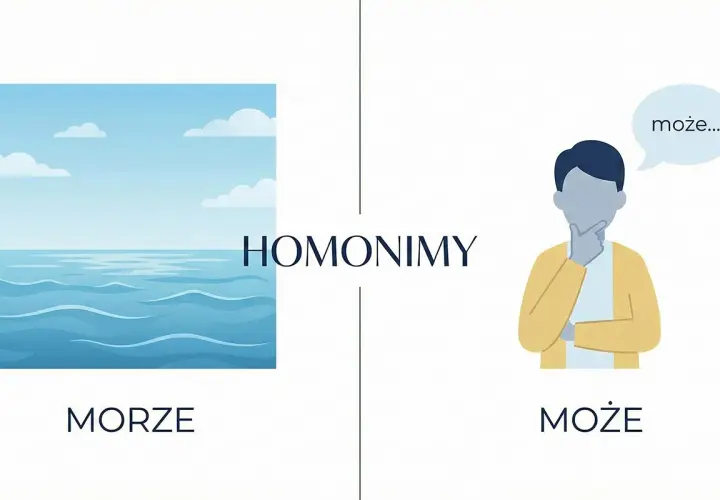 Obrazek ilustruje homonimy: "morze" (woda) i "może" (przypuszczenie).