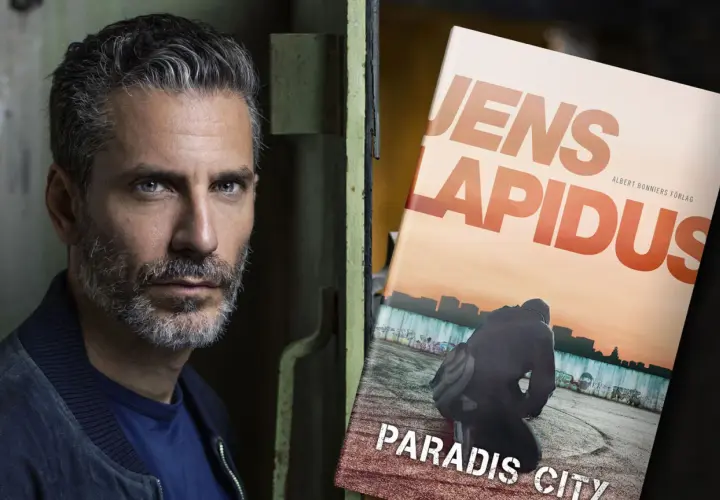 Jens Lapidus bokomslag "Paradis City" med en man med grått skägg och blå ögon.
