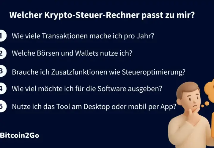 Fragen zur Auswahl der richtigen Krypto-Steuer-App: Transaktionen, Börsen, Wallets, Zusatzfunktionen, Kosten und Nutzung per App oder Desktop.