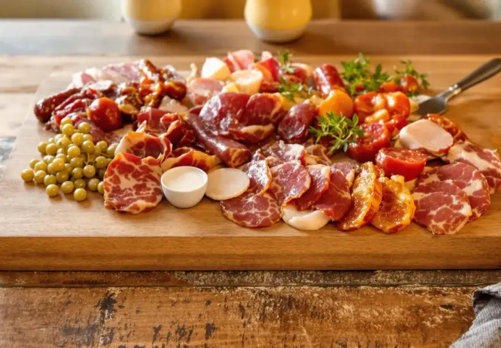 Plateau de charcuterie variée pour une raclette originale, avec différentes viandes, raisins et tomates cerises.