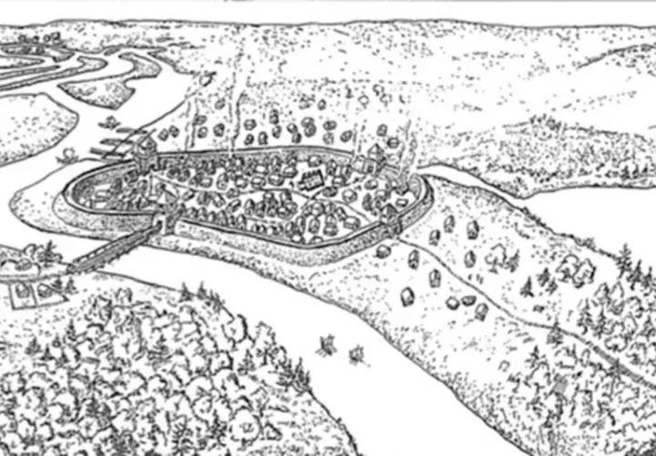 Wczesnośredniowieczny gród, dawny bastion w Kołobrzegu, otoczony wałami, z mostem i rzeką.