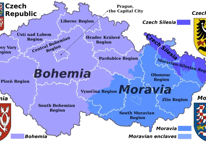 Mapa Czech z podziałem na regiony. Widoczne są Morawy, Czechy właściwe i Śląsk Czeski.