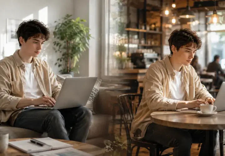 Junger Mann arbeitet am Laptop, einmal zu Hause, einmal im Café. Viele Möglichkeiten für 100 Home Office Jobs.