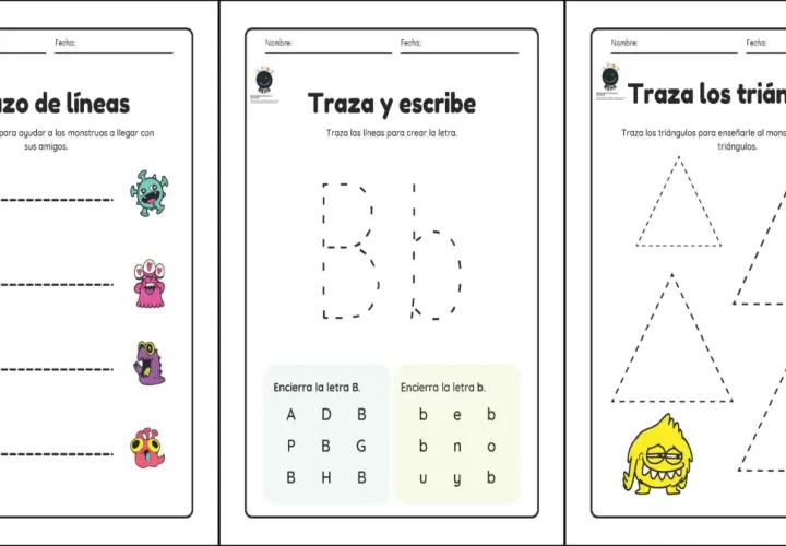 Hojas de trazos para niños con monstruos: trazar líneas, letras y triángulos.