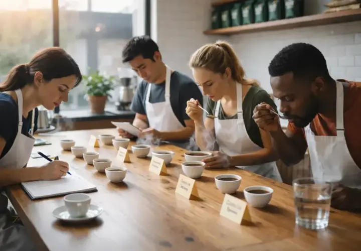 Ludzie oceniają kawę podczas sesji cuppingowej. Kobieta notuje, inni próbują napoju.