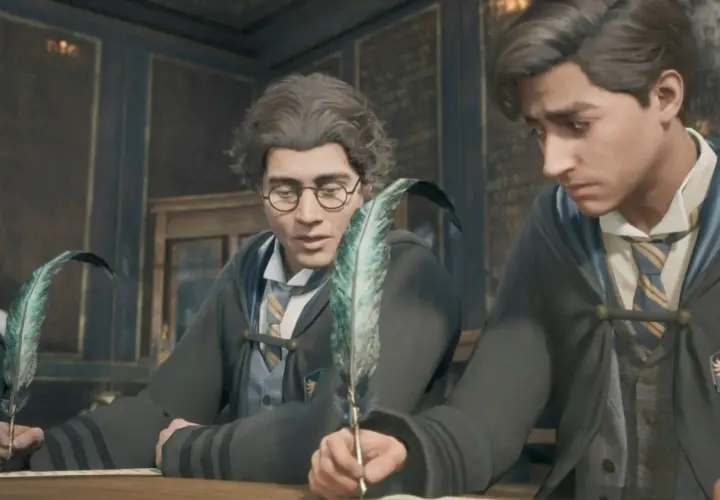 Uczniowie Hogwartu piszą piórami, jakby szukali wskazówek do skrzyni z okiem w Hogwarts Legacy.