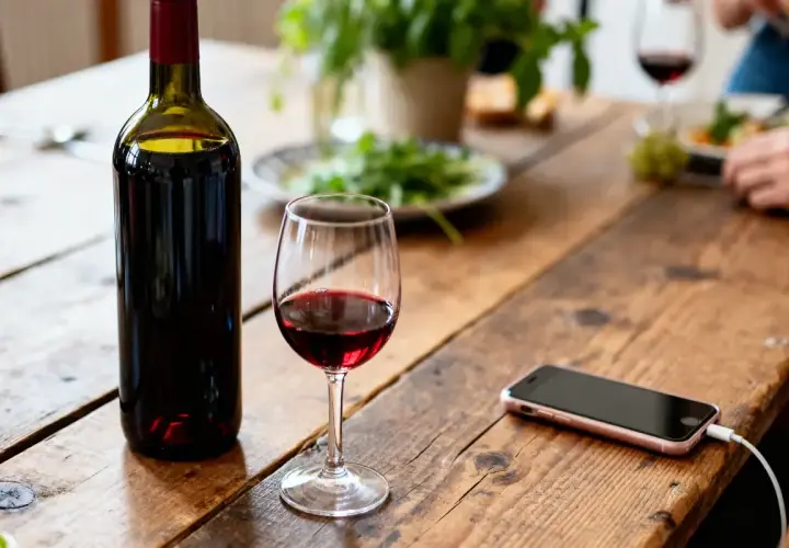 Bouteille de vin rouge et verre sur une table en bois, prêts pour une fondue vigneronne. Un téléphone portable est branché à proximité.