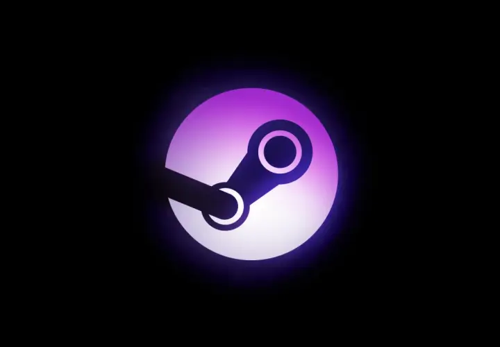 Logo Steam w fioletowo-białej poświacie. Czasem steam nie widzi gry, ale logo zawsze świeci.