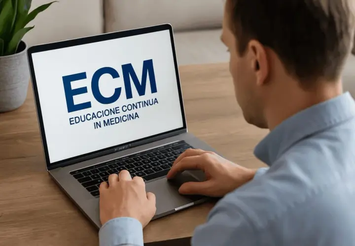Uomo al computer, schermo mostra "ECM Educazione Continua in Medicina". Un esempio di come lo **stilema eventi fad** si integra nella formazione medica moderna.