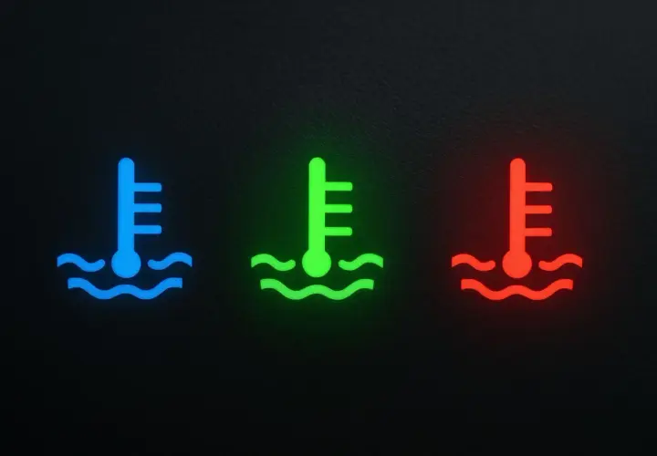 Spie macchina acqua: termometro blu (freddo), verde (normale), rosso (surriscaldato).
