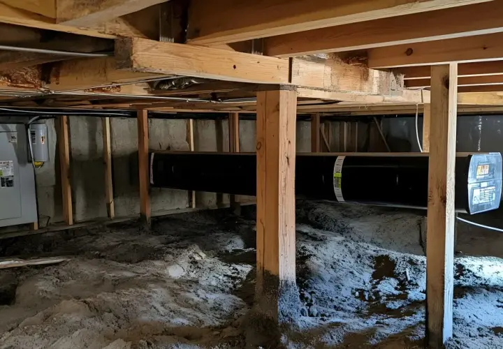 Synlig fukt i krypgrund. En stor svart rörledning löper genom utrymmet under huset, där det syns jord och byggmaterial.