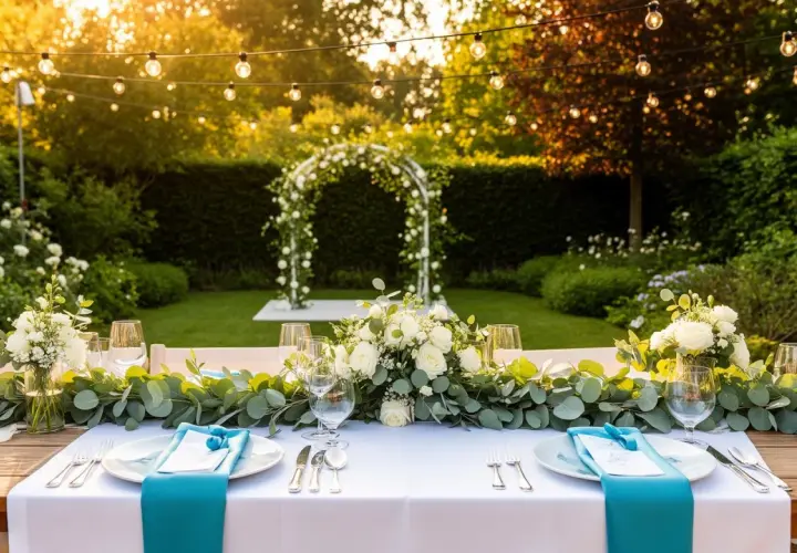 Festlich gedeckter Tisch im Garten mit Blumen und Lichterkette. Perfekte gartenhochzeit deko für eine romantische Feier unter freiem Himmel.