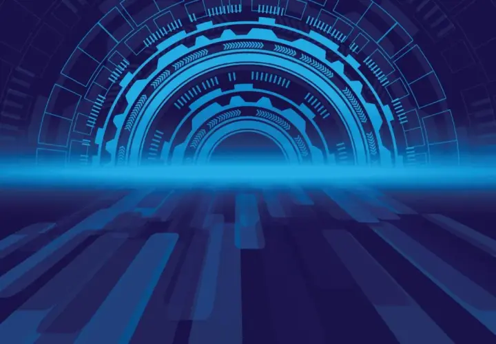 Futurystyczny tunel z niebieskimi liniami, przypominający efekt **generative fill** w grafice cyfrowej.